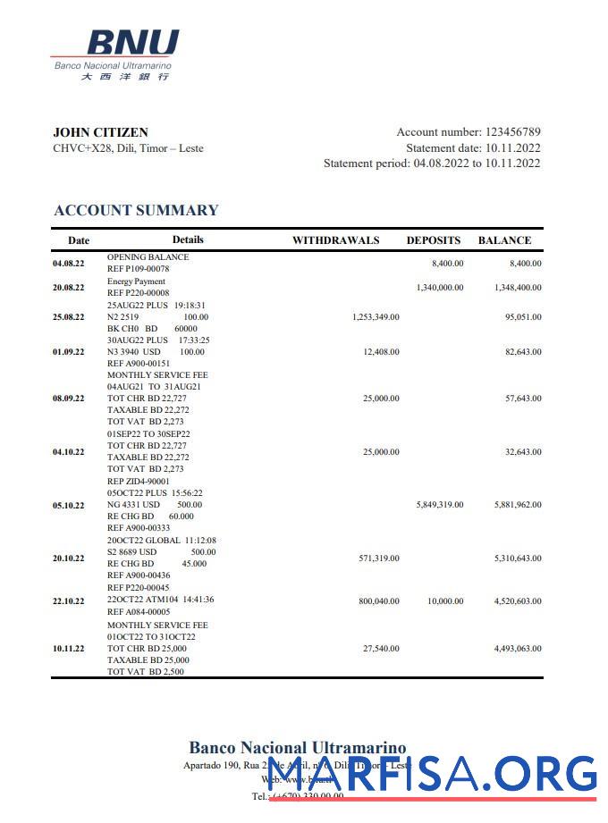 Blank Timor Leste BNU bank statement excel download for verification